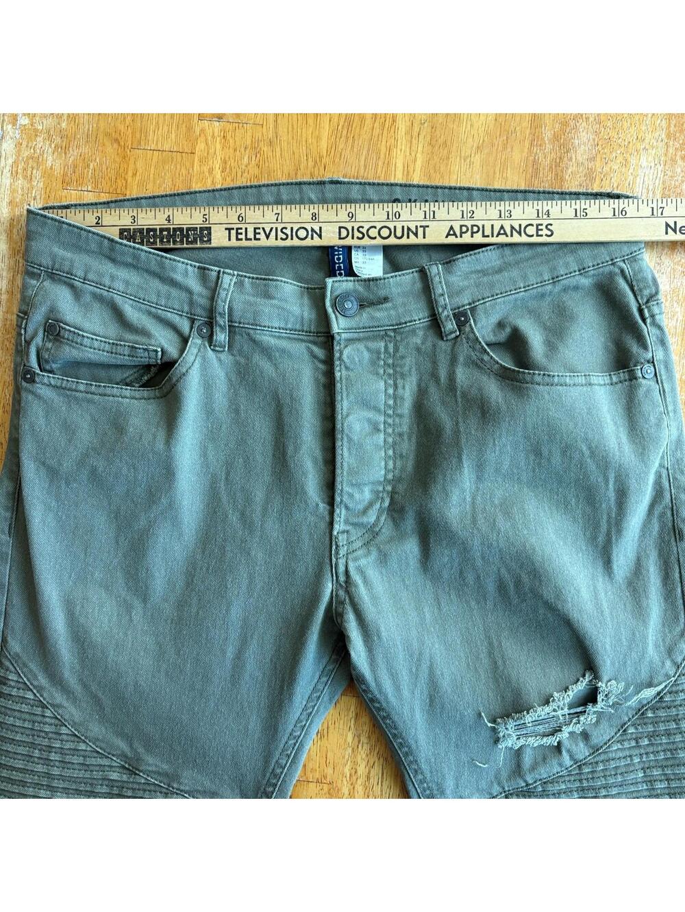 Skinny Moto Distressed Jeans H&M Tag 33 Fits Like 32X31 Olive Green Biker - Picture 5 of 8